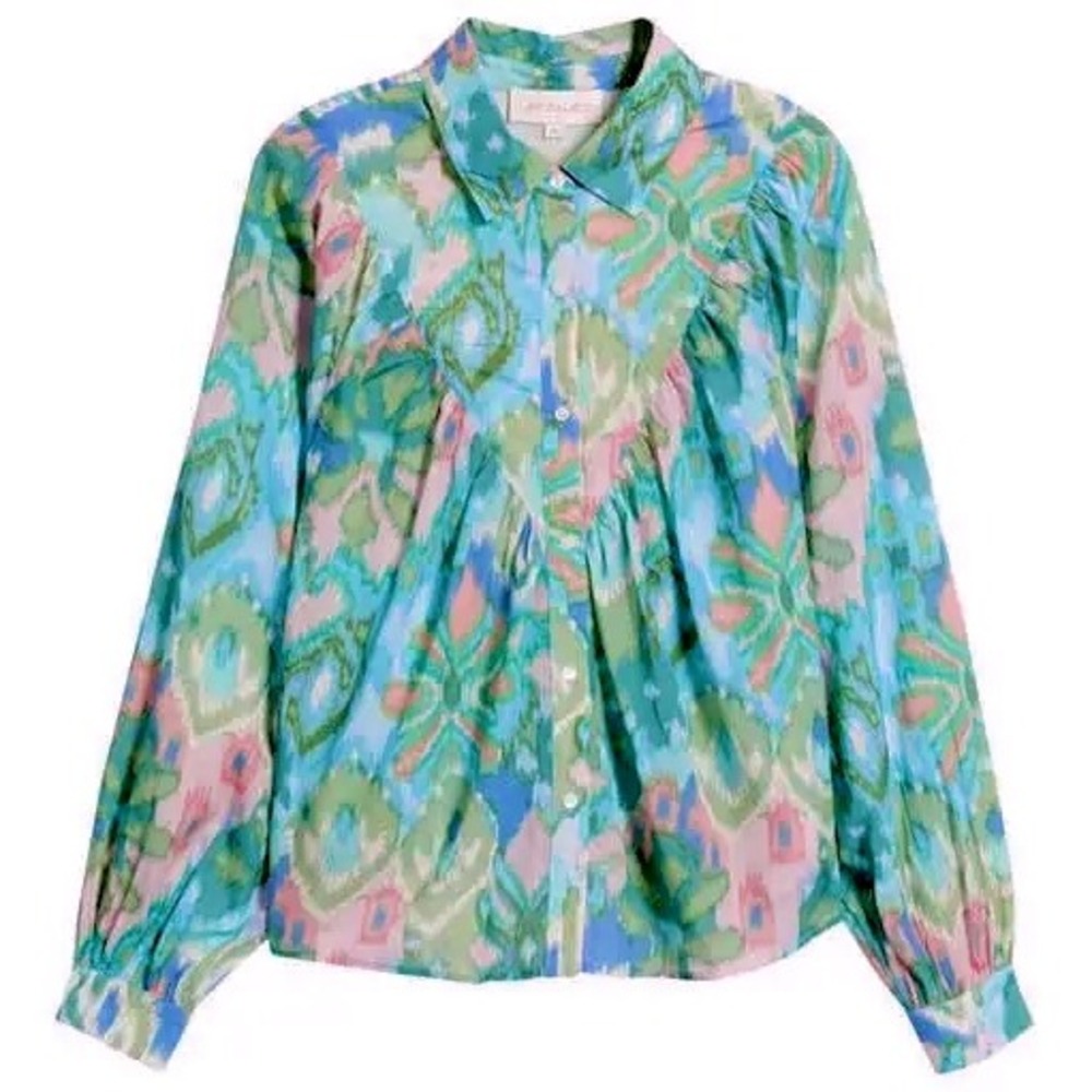 Love the Label Sebali Floral Ikat Shirt XL Blue Green Boho Button Down $225